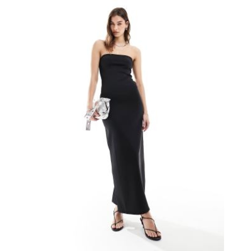 Weekday Tania bandeau tube maxi dress in black in scuba style fabric