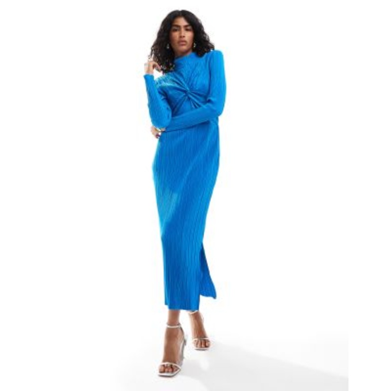 YAS high neck plisse midi dress in blue