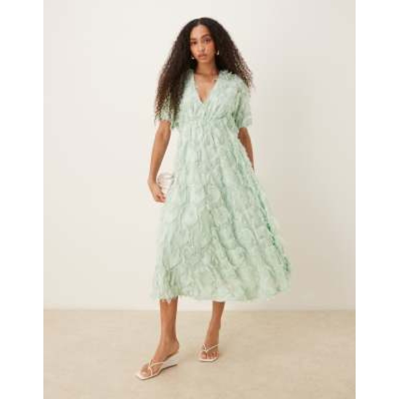YAS textured v neck midi dress in mist green
