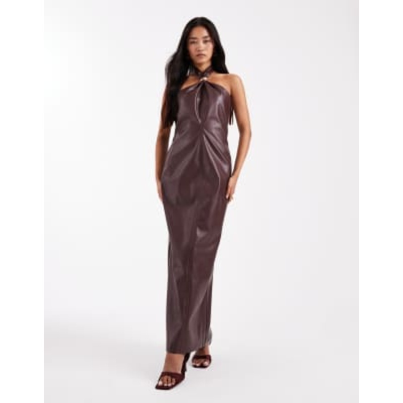 4th & Reckless leather look gold hardware knot detail halterneck maxi dress in burgundy