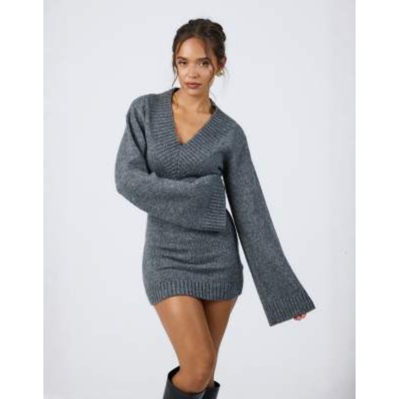 Aria Cove knit v neck wide sleeve mini sweater dress in charcoal