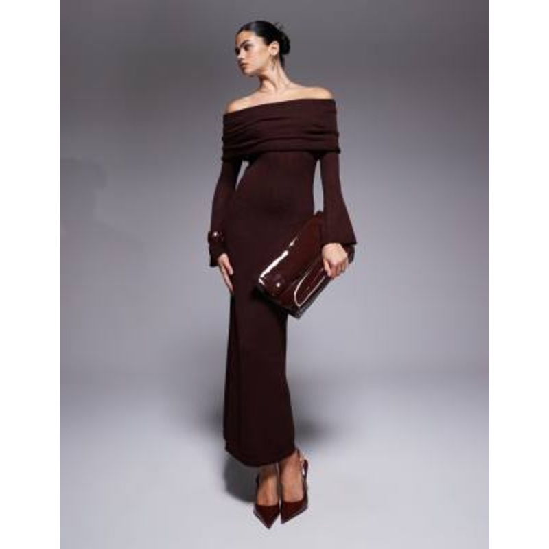 Aria Cove textured boucle bardot foldover maxi sweater dress in chocolate