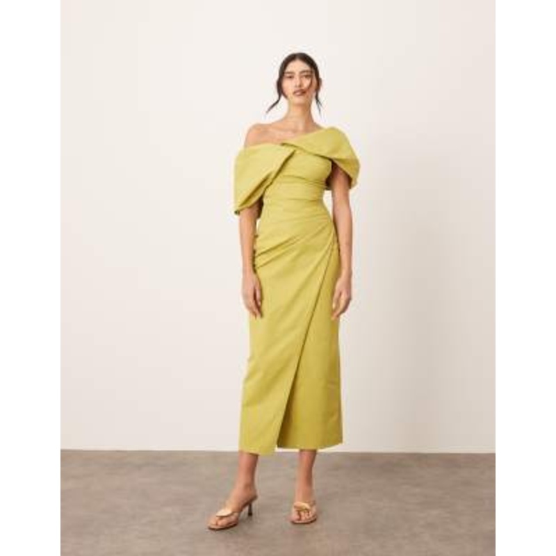 ARRANGE bardot pleat maxi dress with wrap detail in chartreuse