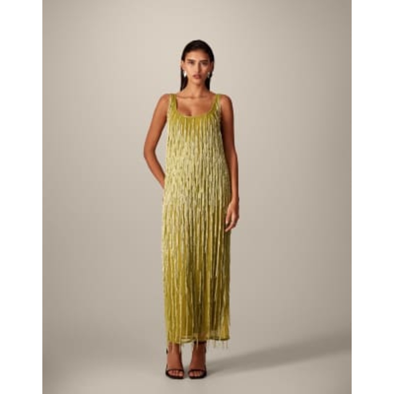 ARRANGE beaded fringe scoop neck midi dress in olive