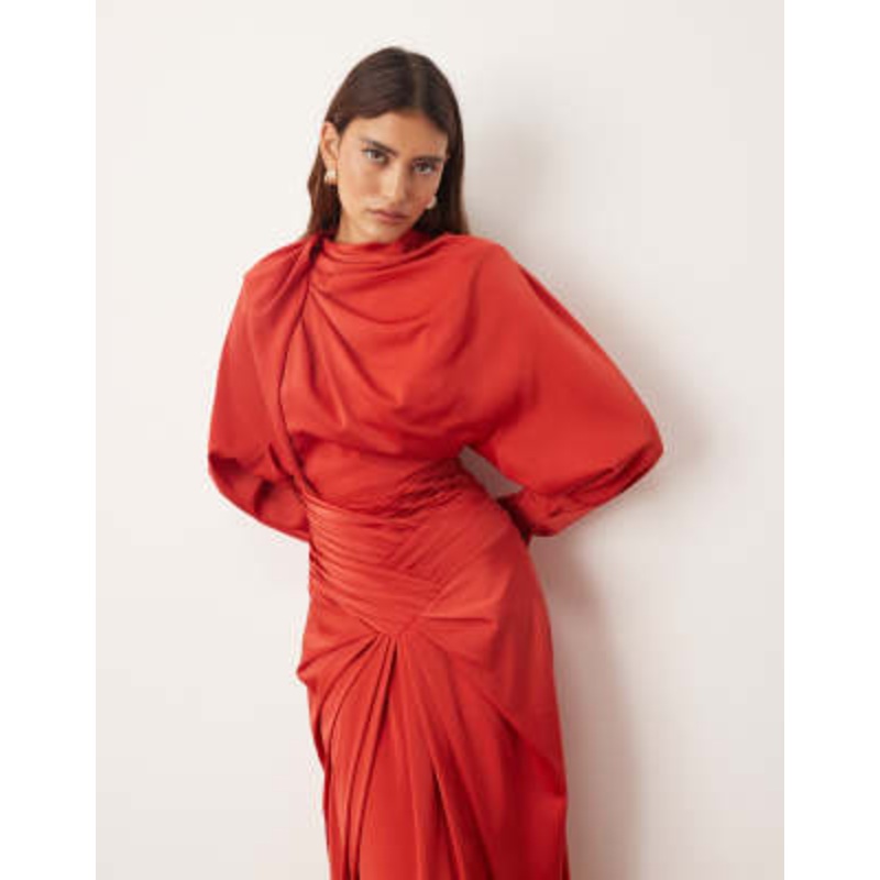 ARRANGE drape neck strong shoulders maxi dress with open back in red