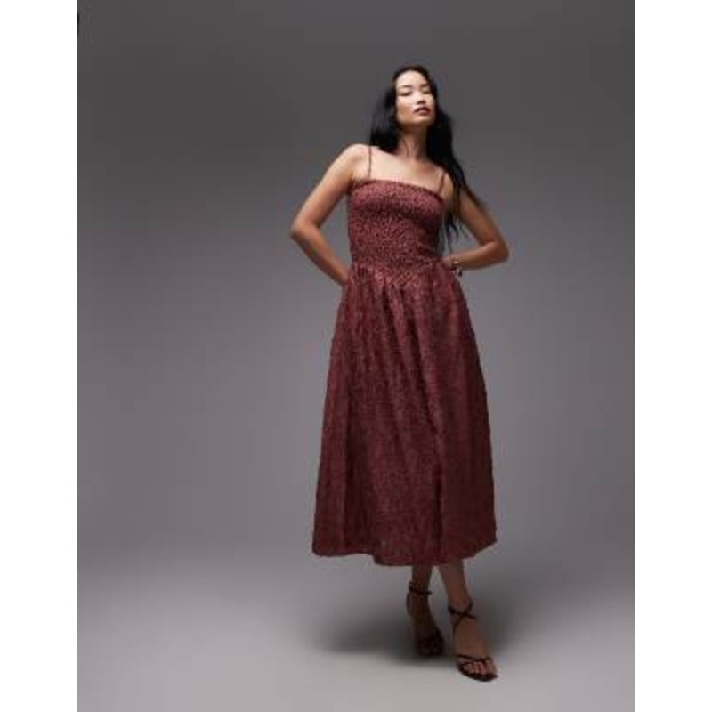 & Other Stories 3D floral midi dress with v drop waist and removable straps in pomegranate pink