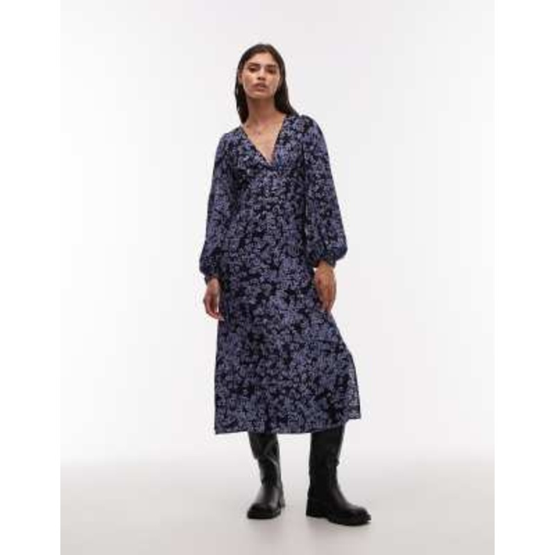 & Other Stories midi dress with side splits and volume sleeves in abstract ditsy floral print