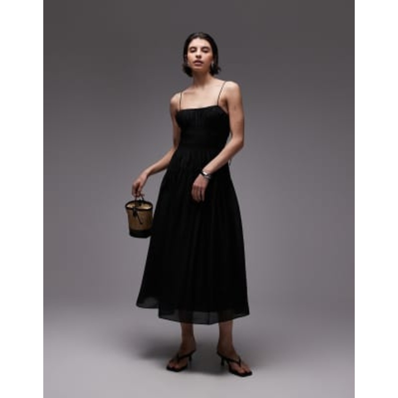 & Other Stories milkmaid midi dress with smocking and spaghetti straps in black