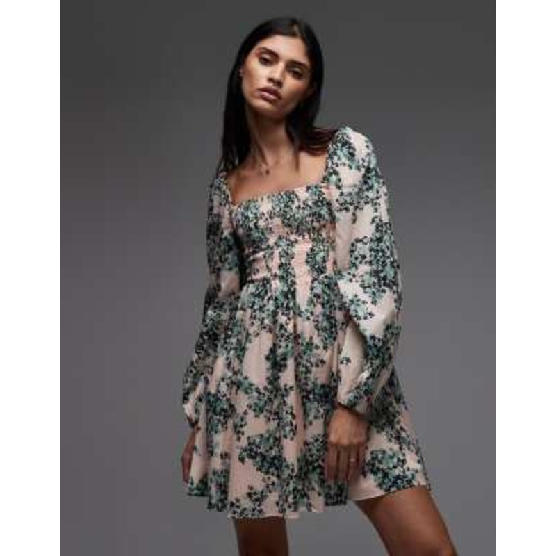 & Other Stories square neck mini dress with shirred bodice and peep cut-out back in floral print