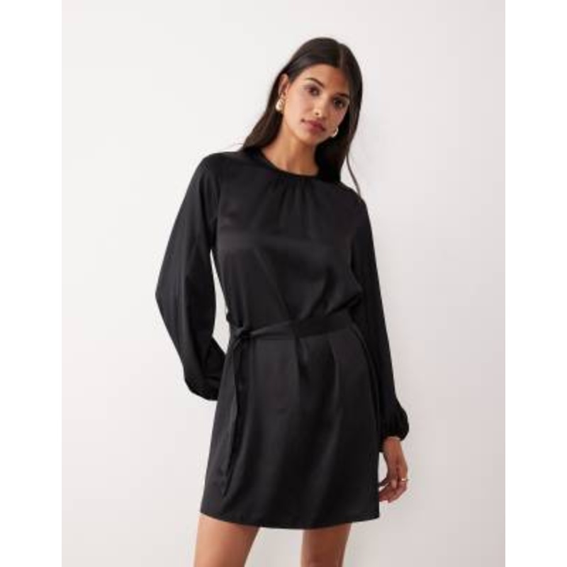 VILA balloon sleeve satin tie waist mini dress in black