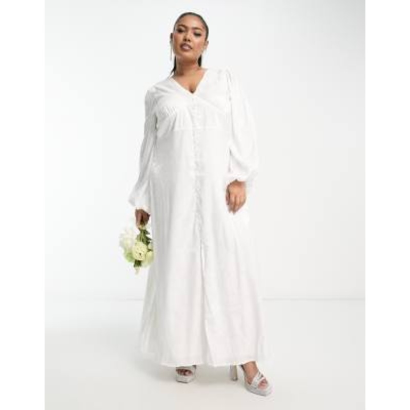 Vila Curve Bridal jacquard button through maxi dress with balloon sleeves in white