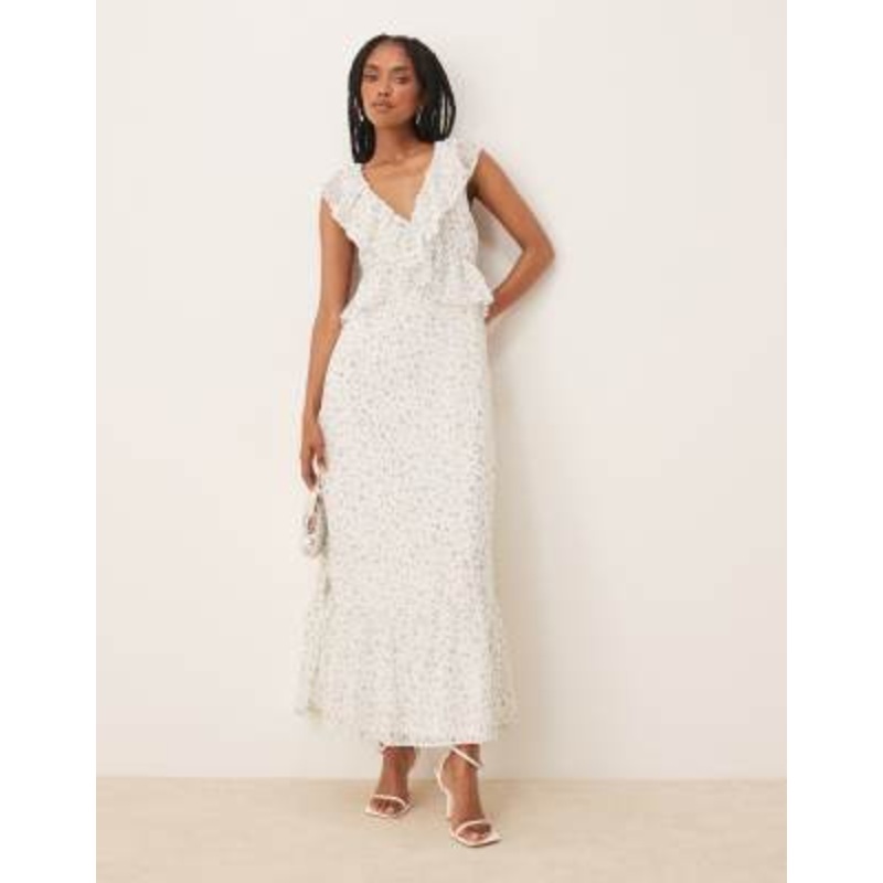 VILA frill detail maxi dress in blue ditsy floral