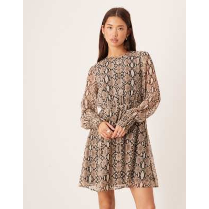 Vila long sleeve mini dress in neutral snake print