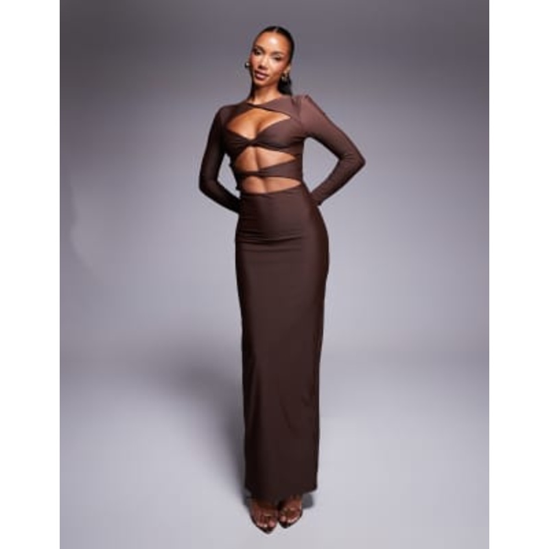 Wanderdoll Stassie exclusive cut out bodycon maxi dress in chocolate