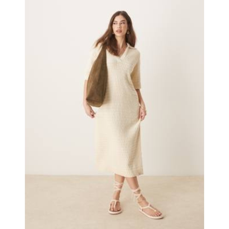 YAS knit polo neck short sleeve midi dress in birch cream