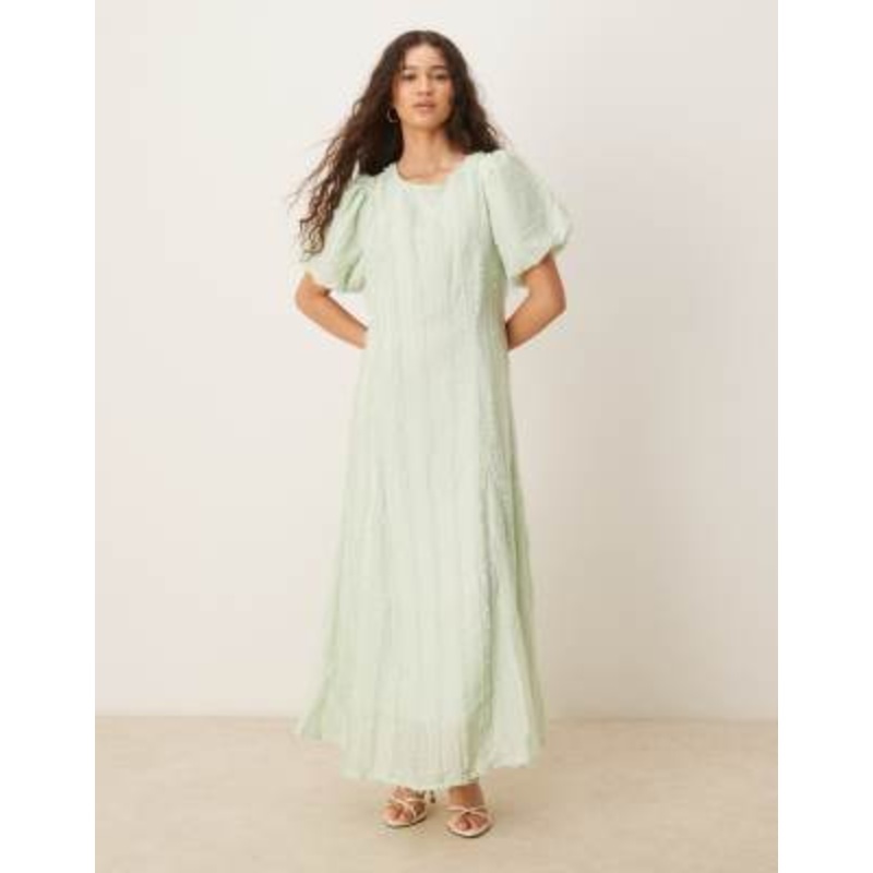 YAS textured puff sleeve maxi dress in mint green