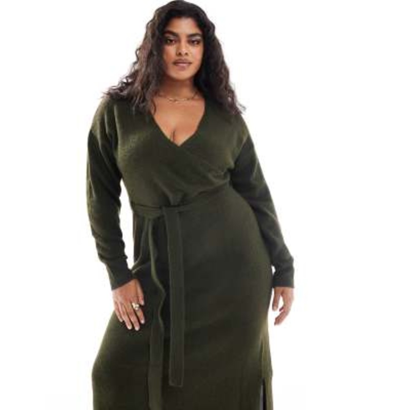 Yours exclusive v-neck wrap knit midi dress in khaki