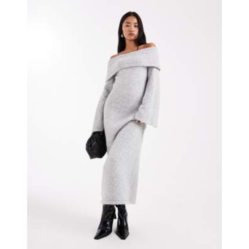 4th & Reckless wool feel foldover off the shoulder bell sleeves knit maxi sweater dress in gray
