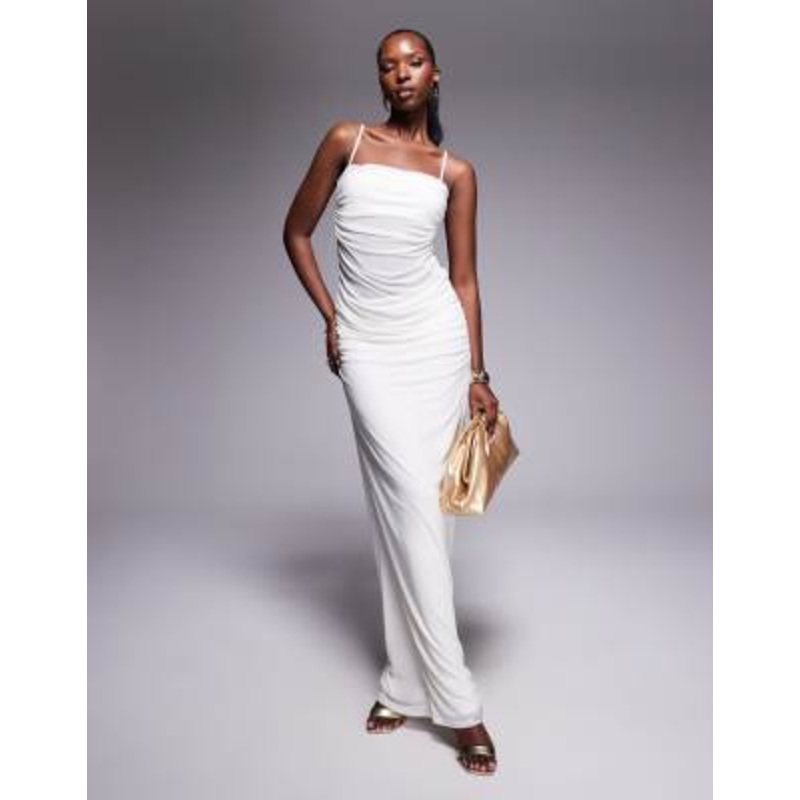 AFRM sheer waist power mesh ruched midaxi dress in white