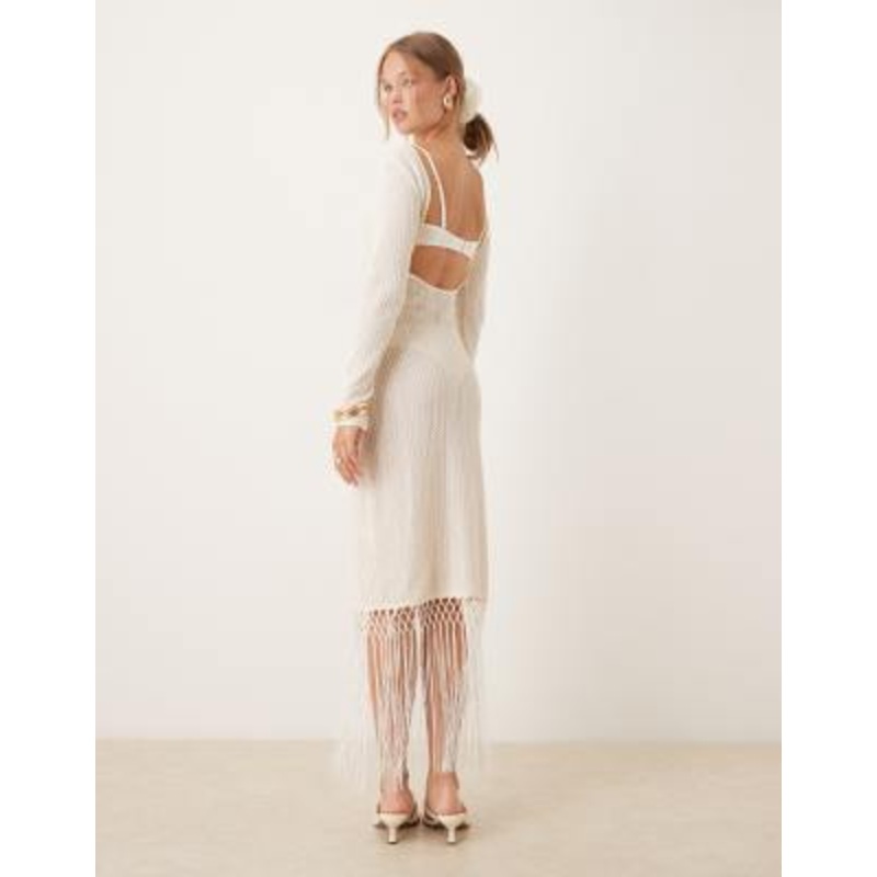 Amy Lynn backless crochet midi dress with fringe trim in cream