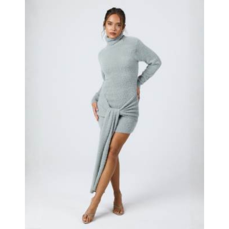 Aria Cove fluffy knit turtle neck knot front drape detail mini dress in gray