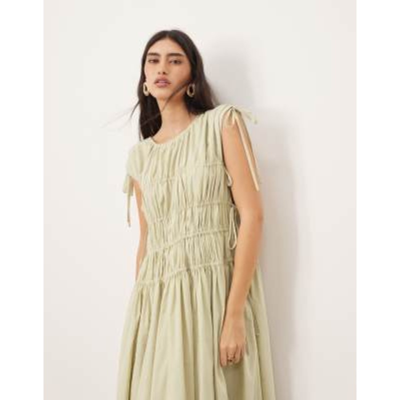 ARRANGE clean cotton drawstring detail trapeze midi dress with pockets in washed sage