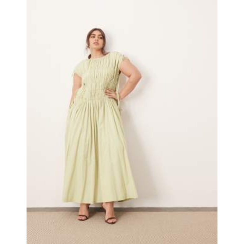 ARRANGE Curve clean cotton drawstring detail trapeze midi dress with pockets in washed sage