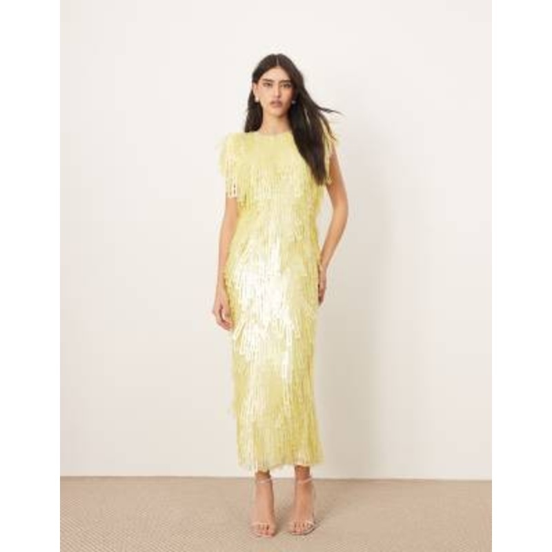 ARRANGE embellished geo sequin shoulder pad midi dress in lemon