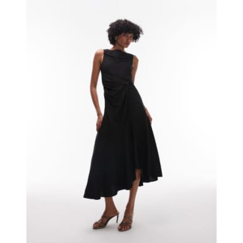 & Other Stories drapey midaxi dress with asymmetric flutter hem in black