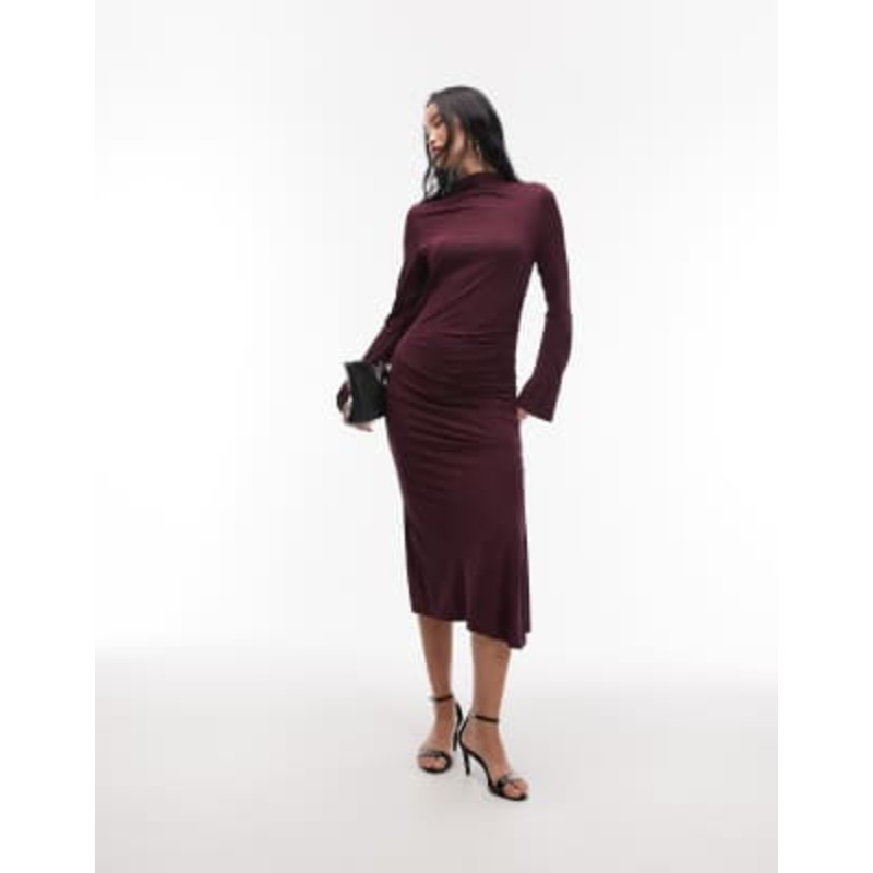 & Other Stories high neck long sleeve soft twisted midi dress in dark wine purple