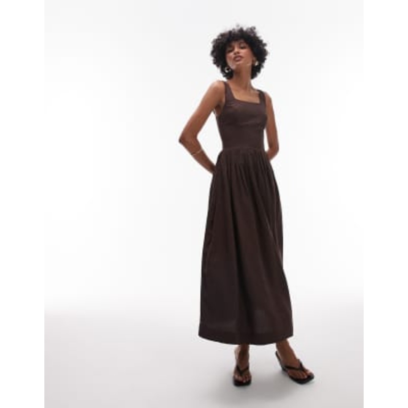& Other Stories midaxi dress with fitted bodice and volume hem in brown