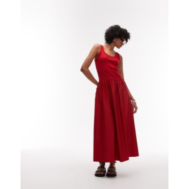 & Other Stories mixed jersey and woven maxi dress with volume hem in red