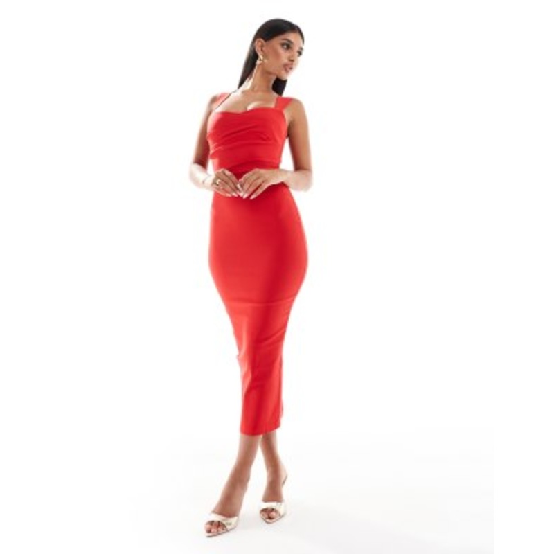 Vesper bengaline sweetheart neckline bodycon midaxi dress in red