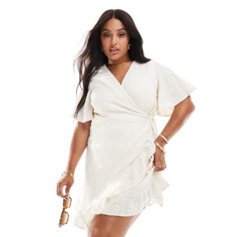 Vila Curve jersey eyelet wrap mini dress in cream