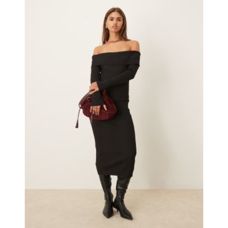Vila off the shoulder ribbed midi dress in black