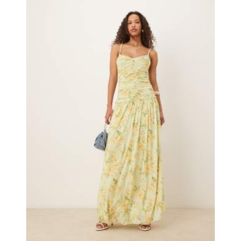Vila ruched mesh maxi dress in yellow floral print
