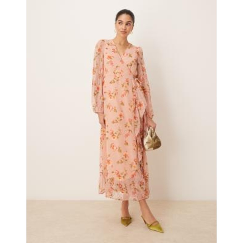 VILA textured wrap maxi dress with frill detail in rose floral print