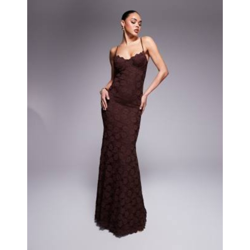 Wanderdoll Leah structured cami lace fishtail maxi dress in chocolate