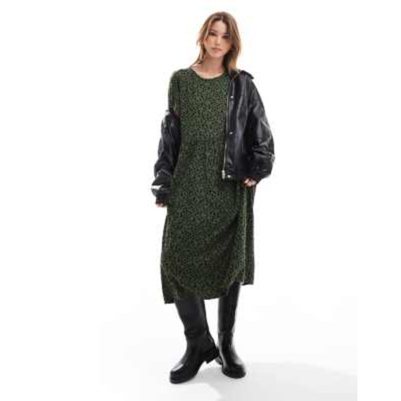Wednesday’s Girl smudge spot midi dress in khaki green