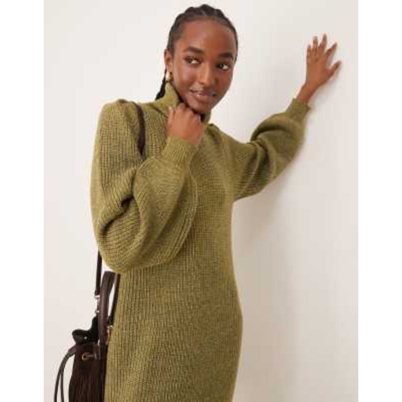 YAS roll neck long sleeve knit dress in olive