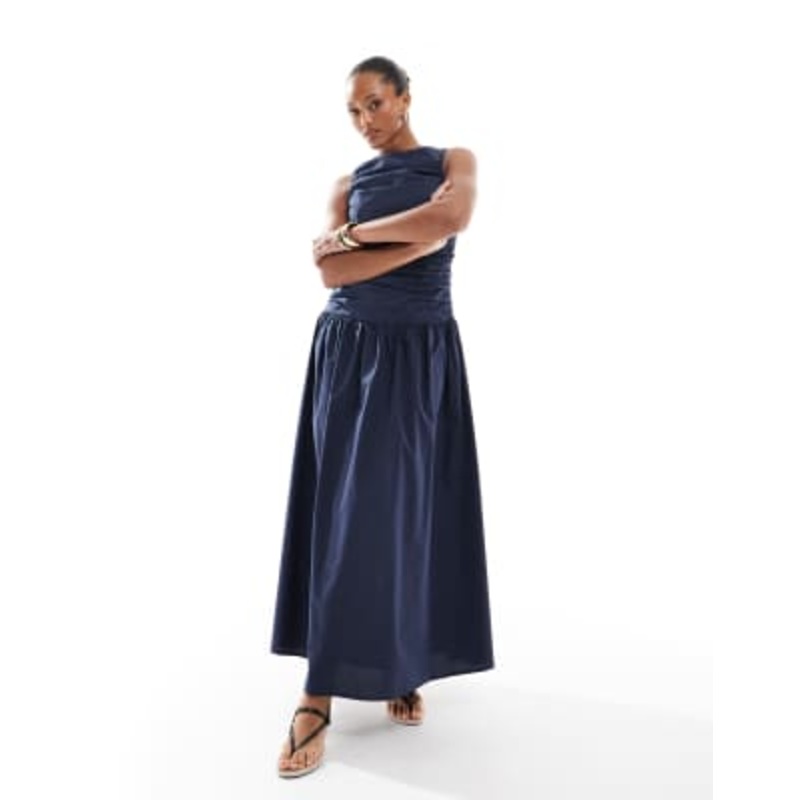 4th & Reckless ruched poplin sleeveless drop waist maxi dress in navy