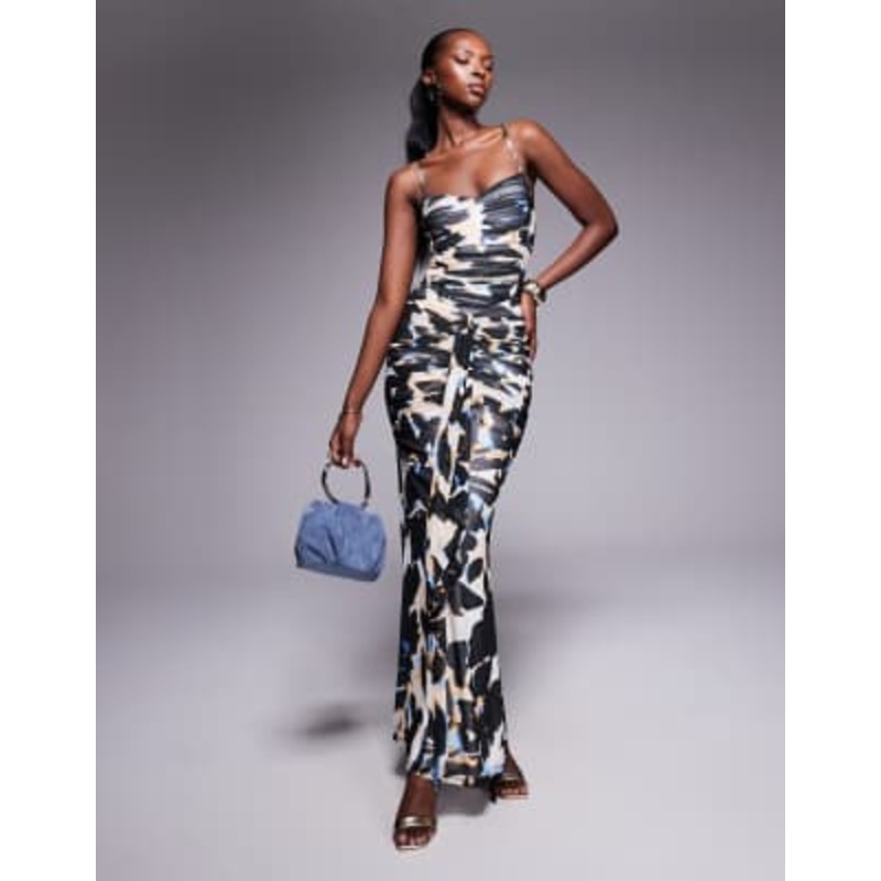 AFRM halterneck ruffle power mesh maxi dress in shadow flower