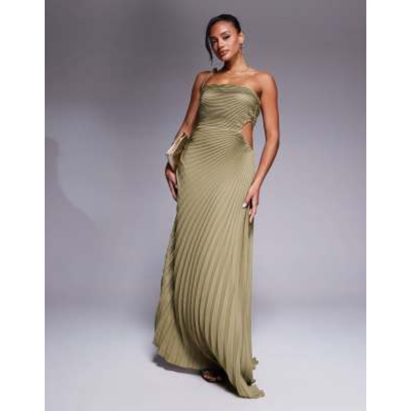 Aria Cove bandeau open side pleated maxi dress in olive