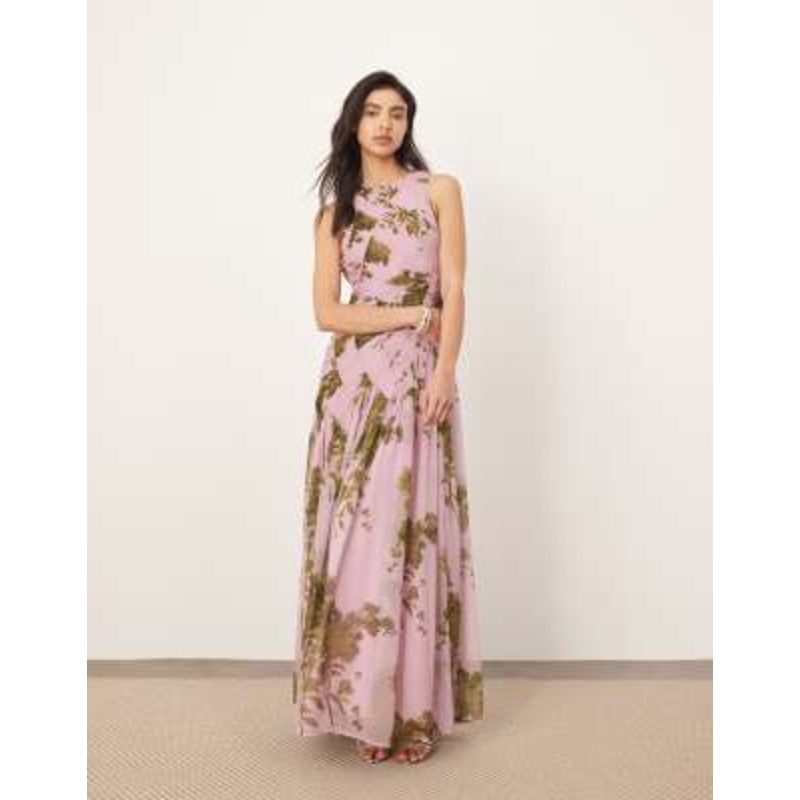 ARRANGE chiffon ruched panel dropped waist volume maxi dress in chartreuse lilac print
