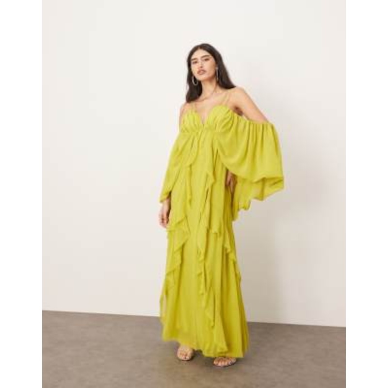 ARRANGE cold shoulder ruffle full midi dress in lime green