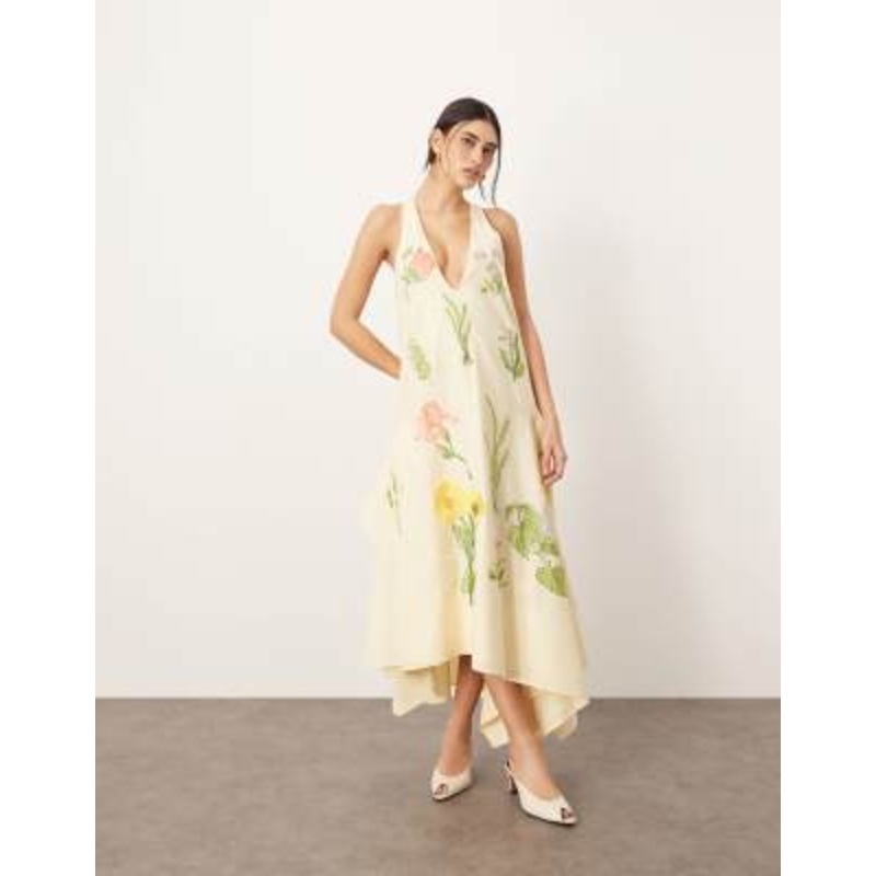 ARRANGE cotton floral embroidered plunge midi dress in buttermilk
