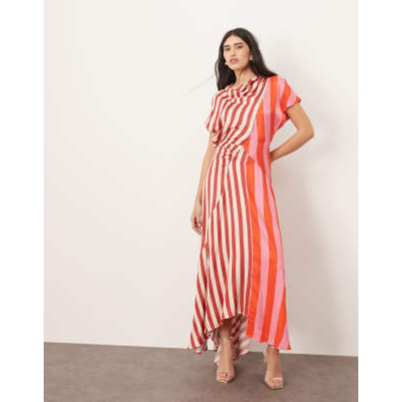 ARRANGE cowl neck maxi dress with asymmetric hem in color block stripe