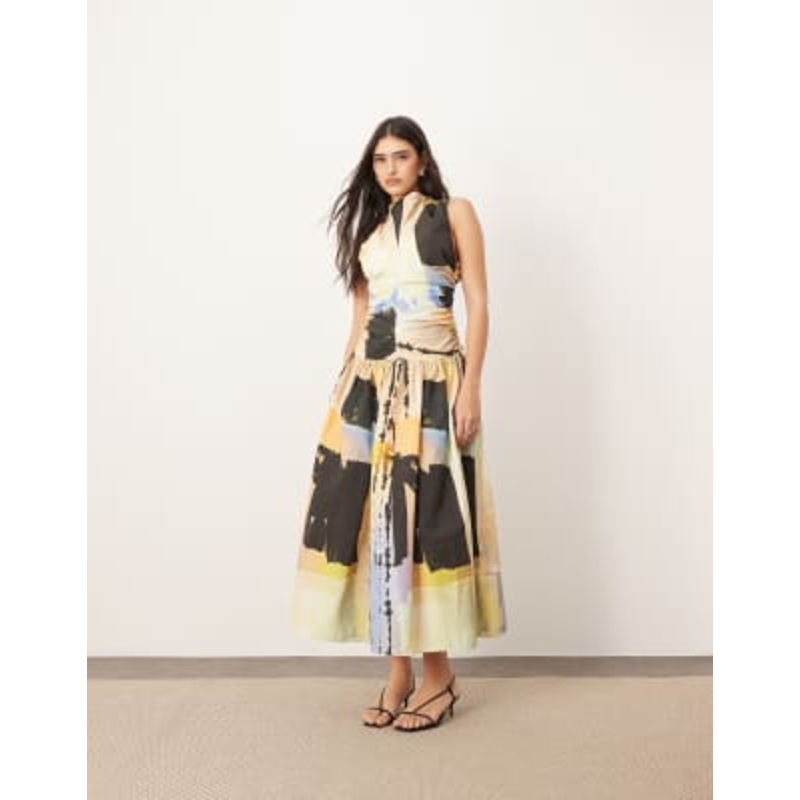 ARRANGE drop waist ruched detail funnel neck midi dress in paint print