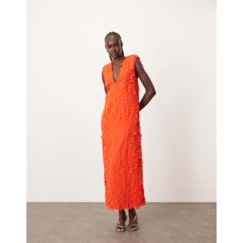 ARRANGE laser cut plunge neckline shoulder pad maxi dress with pockets in red