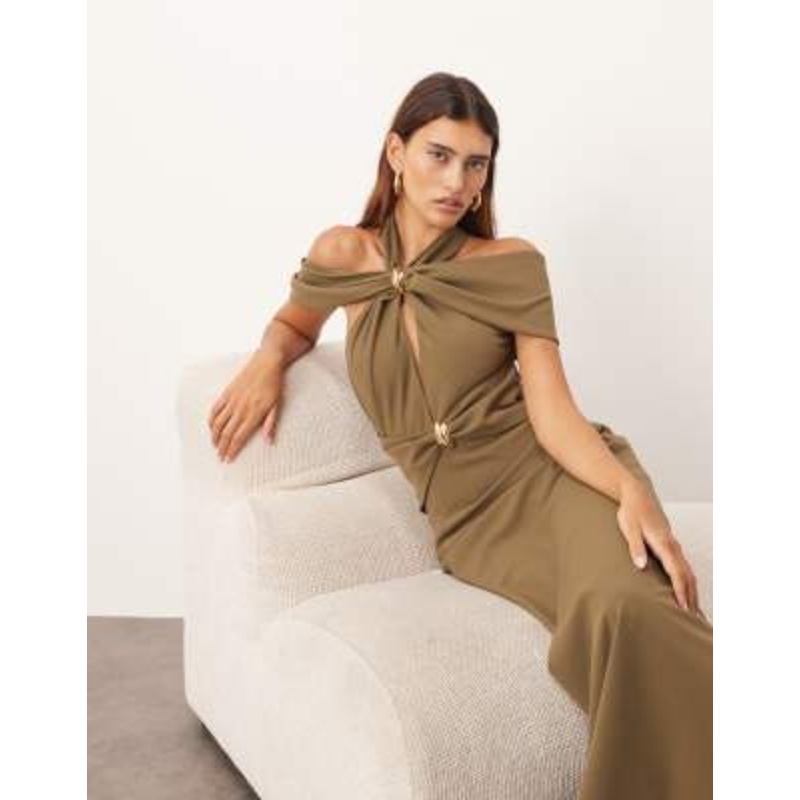 ARRANGE off the shoulder halter maxi dress with gold-tone hardware in olive